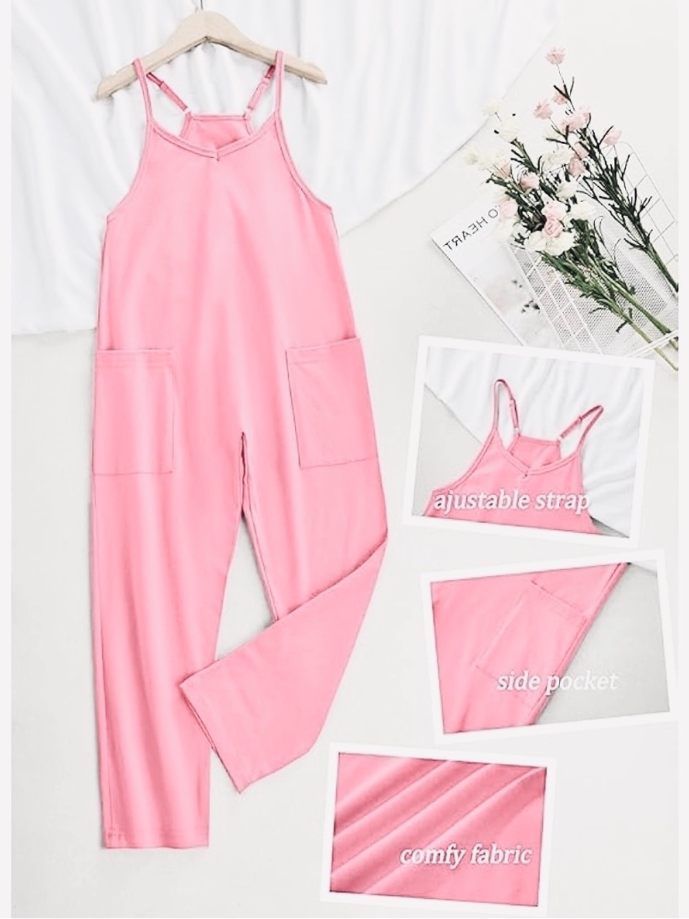 Amazon Women’s Pink Adjustable-Strap Jumpsuit with Side Pockets size 150/11-12